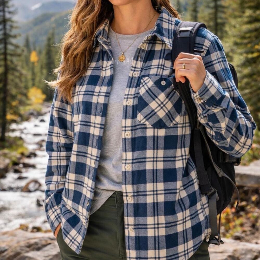 Stio Button Up Flannel Organic Cotton in Midnight Hour Check Size Medium